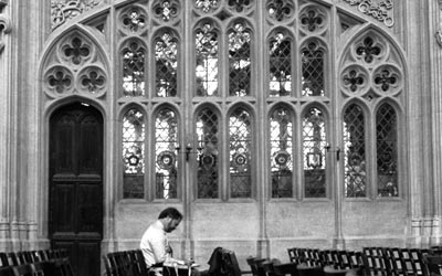 [In October, 1990 Saint Paul Sunday Morning traveled to London and Cambridge, England to record four programs. Here, Bill McGlaughlin takes notes in the King's College Chapel in Cambridge.)]