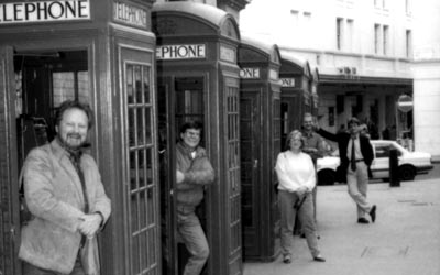 [London, England: The Saint Paul Sunday Morning staff in October, 1990 (from left to right) host Bill McGlaughlin, Sound Engineer Tom Mudge, Associate Producer Mary Lee, Music Producer Steve Barnett and Producer Tom Voegli.)]